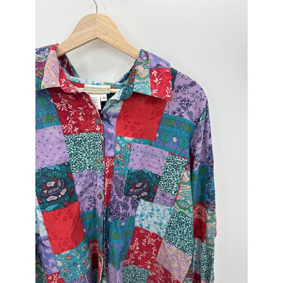 Coldwater Creek Button Down Shirt Silk Cotton Women 1X Floral Patchwork Artsy - Picture 6 of 7